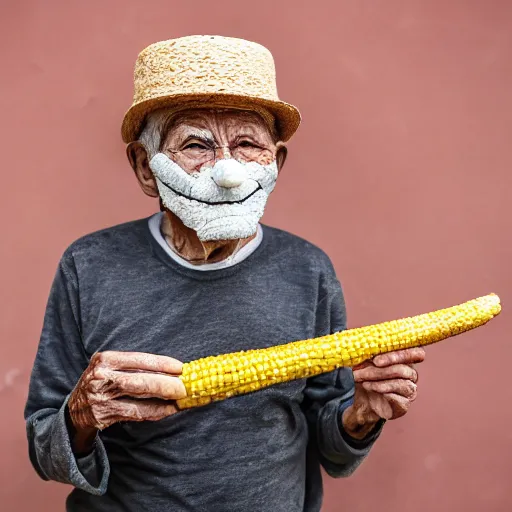 Image similar to an elderly man wearing a mask made from a tortilla, holding a sword made from elote, bold natural colors, national geographic photography, masterpiece, 8 k, raw, unedited, symmetrical balance