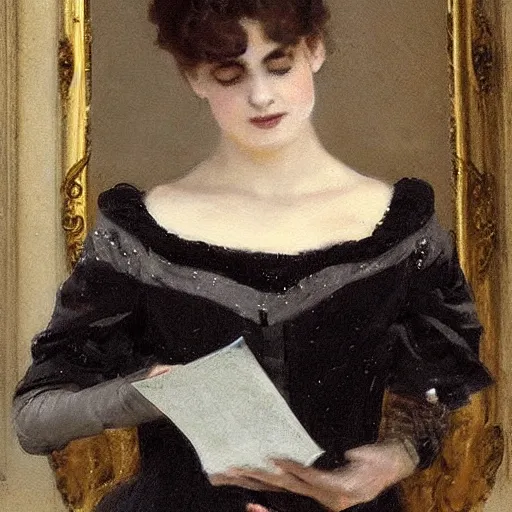 Image similar to victorian girl in ball gown absent - mind looking at her dance card, painting by alfred stevens