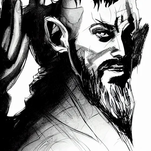 Image similar to concept art character, very high angle view, very attractive man with beard, highly detailed full body, strong masculine features, sturdy body, with a futuristic sword in the right hand, command presence, royalty, smooth, sharp focus, organic, appealing, book cover, deep shadows, by Dave McKean sketch lineart for character design