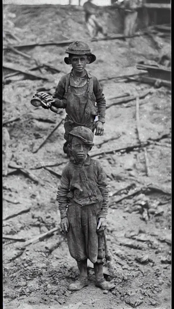 Prompt: child laborer portrayed by lewis hine in 1 9 0 8. tipple boy at west virginia coal mine, worked with the tipple, a device that tilted coal cars from the mine for unloading, black and white, low contrast, 8 k, frontlight, soft lighting, - c 7