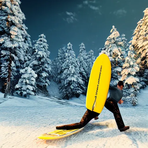 Image similar to man surfing a yellow surfboard down a snowy mountain, high quality digital art, unreal engine, cinematic lighting, photorealism