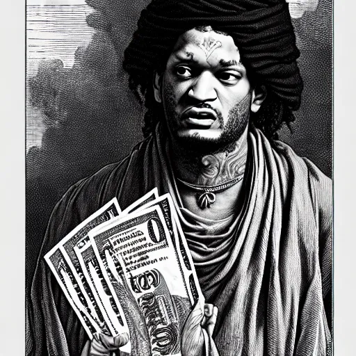 Image similar to fredo santana rapper holding stacks of cash, biblical image, style of gustave dore, highly detailed, beautiful, high contrast, black and white