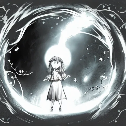 Image similar to A girl open a portal to a fantasy world, manga sketch