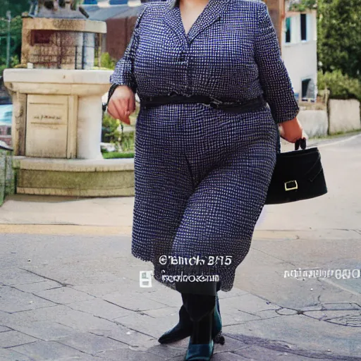 Image similar to a giant beautiful chubby well - dressed woman walking around a small town, photo, realistic