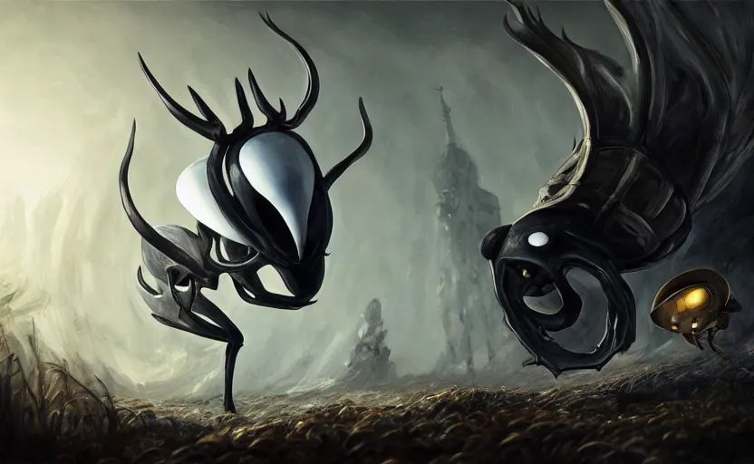 Image similar to an oil painting of Hollow knight, masterpiece, highly detailed, high quality, 4K, anatomically correct, hyperrealistic, concept art, octane render, unreal engine 5, trending on Artstation, trending on DeviantArt, matte, historical painting, fantasy style, path traced, high coherence, soft lighting, digital painting, mythical