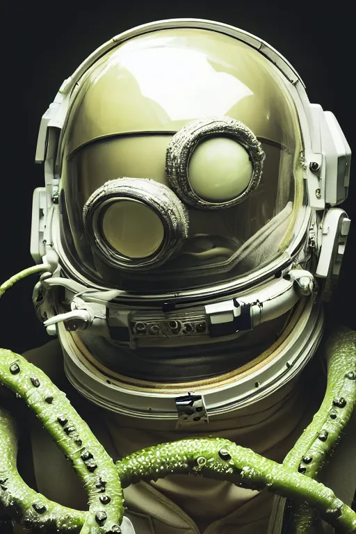 Image similar to extremely detailed studio portrait of space astronaut, alien tentacle protruding from eyes and mouth, slimy tentacle breaking through helmet visor, shattered visor, full body, soft light, plain studio background, disturbing, shocking realization, award winning photo by paola agosti