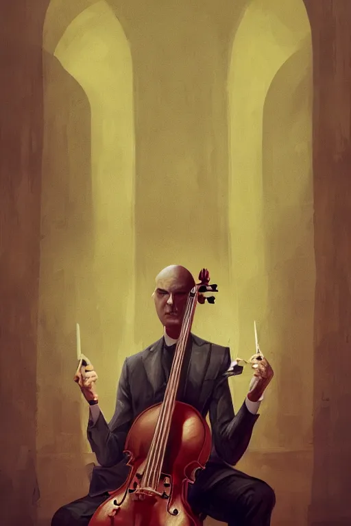 Image similar to an expressive portrait of agent 4 7 playing the cello in a monastery, dark background, red rim light, digital art, artstation, concept art by giger stalenhag