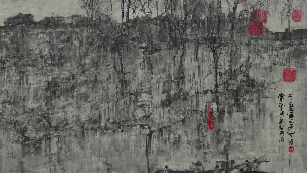 Image similar to a chinese prison near a river by peter doig, acid and grey colors, overlaid with chinese adverts