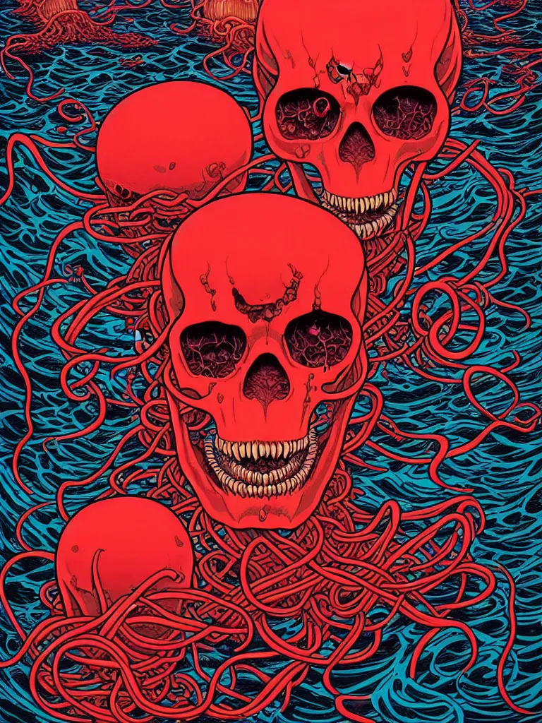 Image similar to a glowing red skull in the sea enveloped by jellyfish tendrils and black seaweed by josan gonzalez and dan mumford and albrecht anker and miho hirano and ross tran, highly detailed, high contrast, pop art