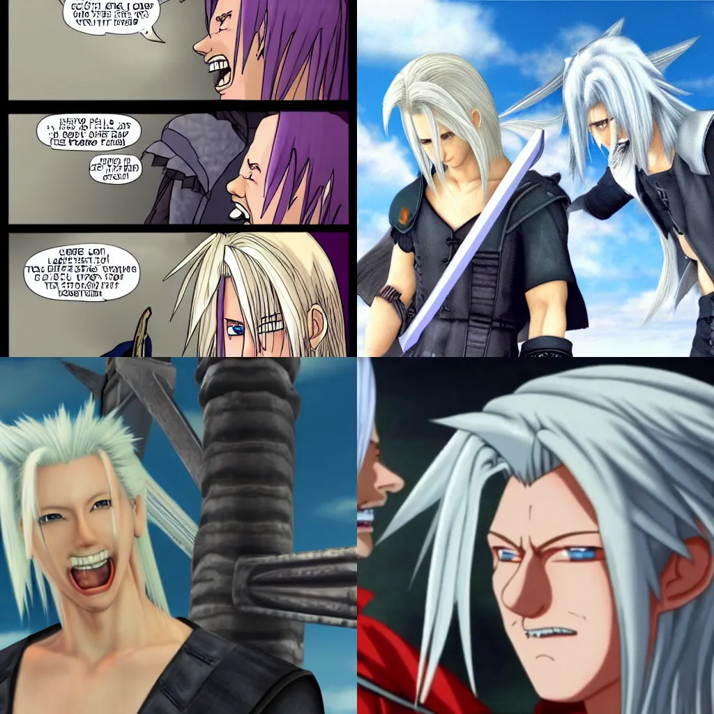 Prompt: sephiroth laughing at cloud