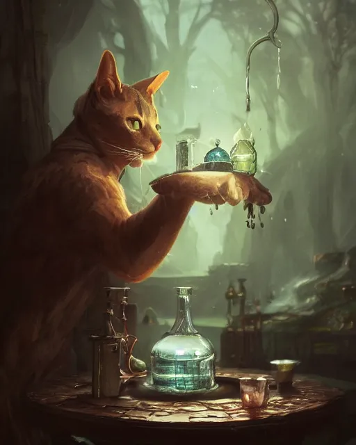 Prompt: oil painting of Anthropomorphized cat witch brewing potion, sharp focus, fantasy style, octane render, volumetric lighting, 8k high definition, by greg rutkowski, highly detailed, trending on art Station, magic the gathering artwork, Alchemist lab backround, centered