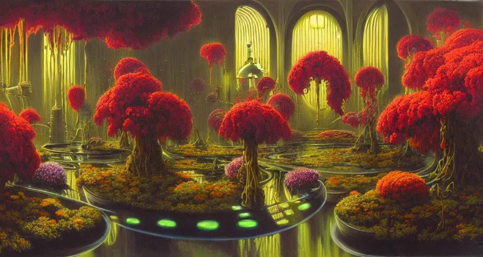 Image similar to a bright minimalist bioluminescent oil painting by donato giancola, warm coloured, cinematic scifi luxurious futuristic foggy steam filled victorian garden with microscopy radial windows flowers growing out of pretty bulbous ceramic fountains, gigantic pillars and flowers, maschinen krieger, beeple, star trek, star wars, ilm, atmospheric perspective