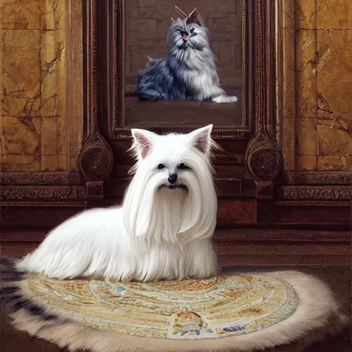 Prompt: white yorkshire terrier sitting on throne, cats sitting around throne, portrait art by donato giancola and greg rutkowski, realistic face, digital art, trending on artstation, symmetry