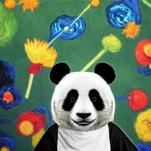 Prompt: cute panda wearing a lettuce hat, robber holding a chandelier, style of van Gogh