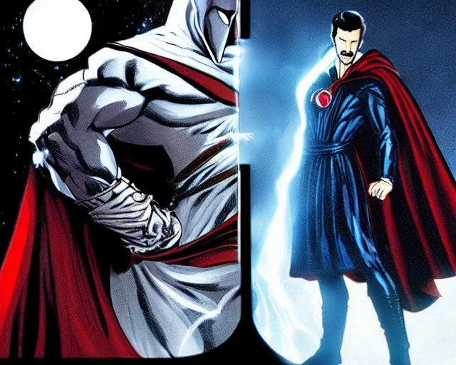 Prompt: fine concept art of moon knight vs dr. strange, in the tv marvel movie moon knight, photorealistic