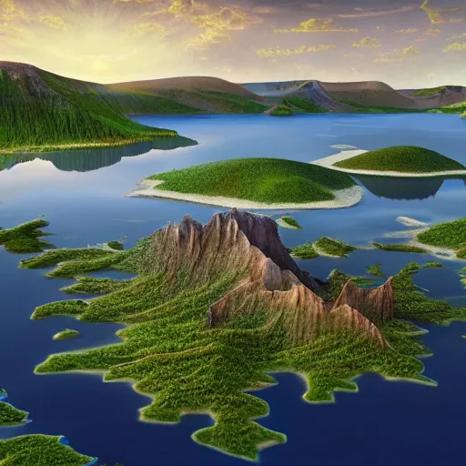 Prompt: a highly detailed landscape painting of large island in the center of a meteor crater lake with a futuristic fantasy city with a river running through it, aerial photography, ultrawide lens, art by john collier and jeon seong and albert bierstadt, volumetric lighting, octane render, 4 k resolution, trending on artstation, masterpiece