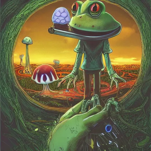 Prompt: A centered waist up portrait of a scary psychedelic godlike anthropomorphic frog smoking an anime cigar , magic mushroom village in background . award winning. superb resolution. in the art style of junji Ito and greg rutkowski . Detailed Mushroom city in background. Hyper realistic anime. Perfect art. Dalle2