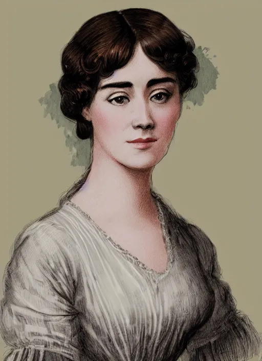 Image similar to a photograpic portrait of elizabeth bennet, pride and prejudice, with kind face, dark hair, georgian dress, intricate, elegant, highly detailed, digital painting, concept art, smooth, sharp focus, illustration,