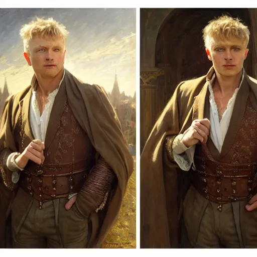 Image similar to manly arthur pendragon and manly merlin. focus on their faces. natural lighting. highly detailed painting by gaston bussiere, j. c. leyendecker, greg rutkowski 8 k