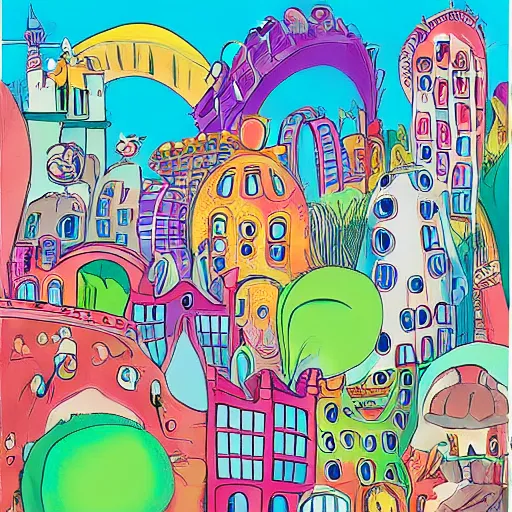 Prompt: fanciful city filled with curvy buildings, by dr seuss, oh the places you'll go, arches, platforms, towers, bridges, stairs, colorful kids book illustration