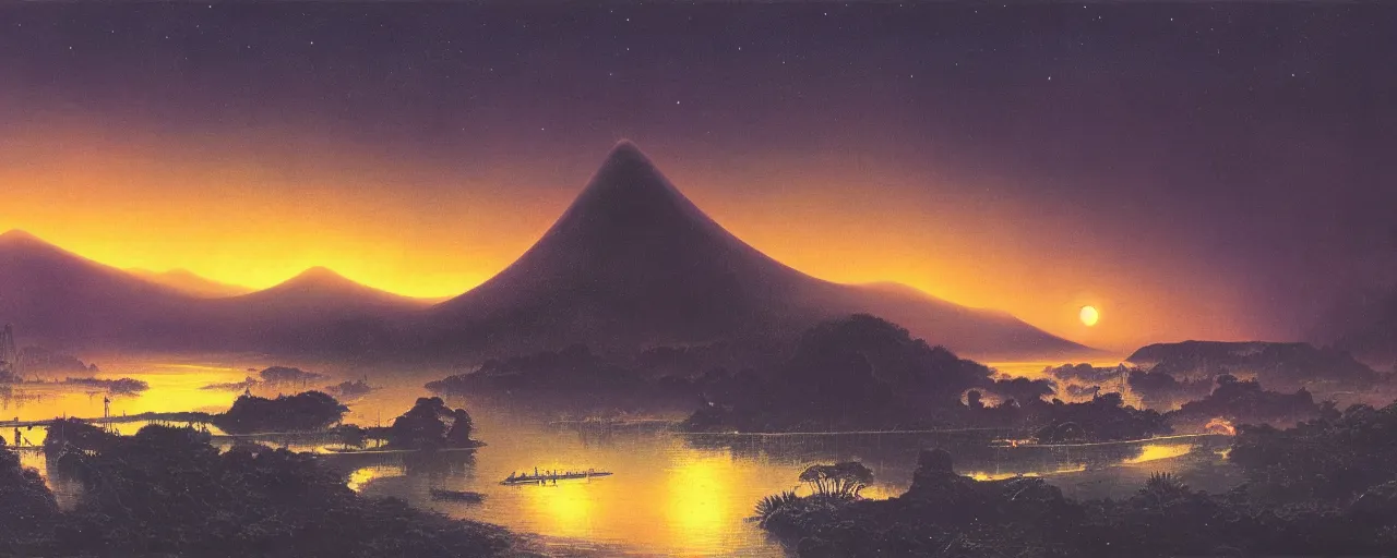 Prompt: awe inspiring bruce pennington river landscape, digital art painting of 1 9 6 0 s, japan at night, 4 k, matte