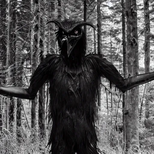 Image similar to standing werecreature consisting of a human and crow, photograph captured in a forest