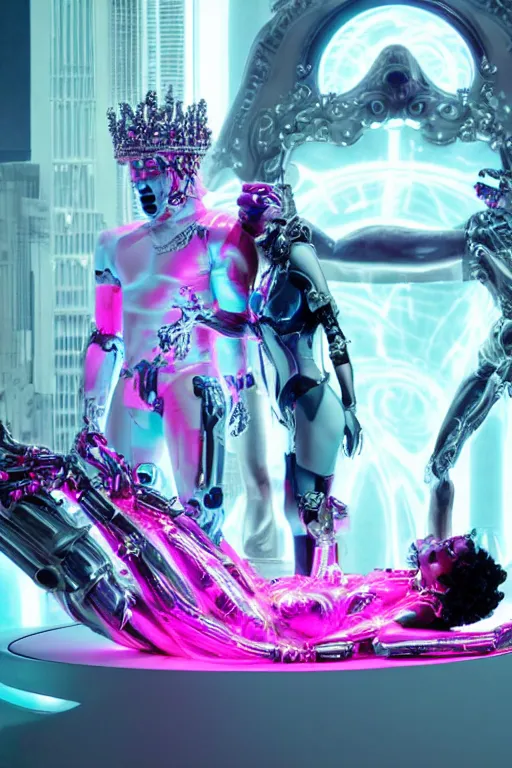 Image similar to full-body rococo and cyberpunk style neon statue of a muscular attractive Nick Jonas macho dotado e rico android sim roupa reclining con las piernas abertas e la piroca dura, glowing white laser eyes, prince crown of pink gears, diamonds, swirling silver-colored silk fabric. futuristic elements. full-length view. space robots. human skulls. intricate artwork by caravaggio. Trending on artstation, octane render, cinematic lighting from the right, hyper realism, octane render, 8k, depth of field, 3D