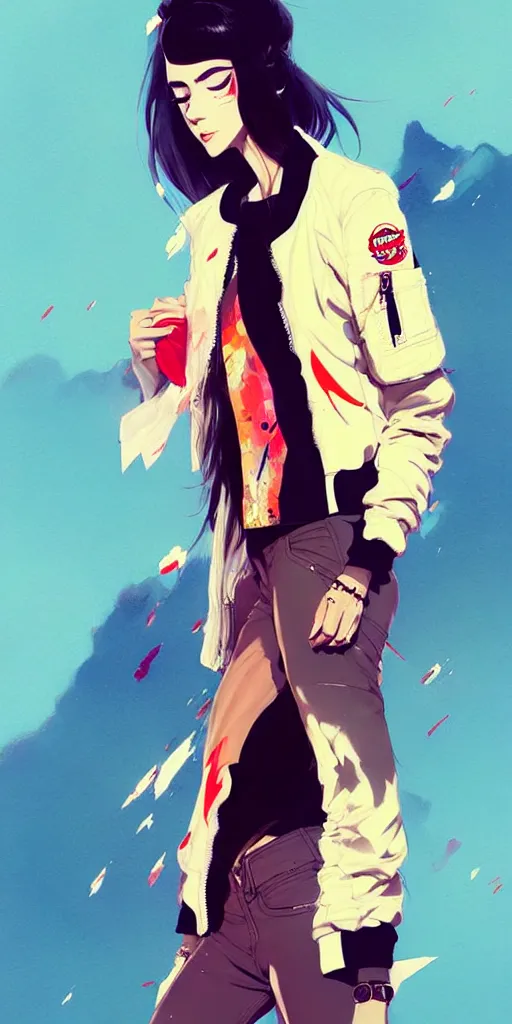 Image similar to a ultradetailed beautiful painting of a stylish woman wearing a bomber jacket, by conrad roset, greg rutkowski and makoto shinkai trending on artstation