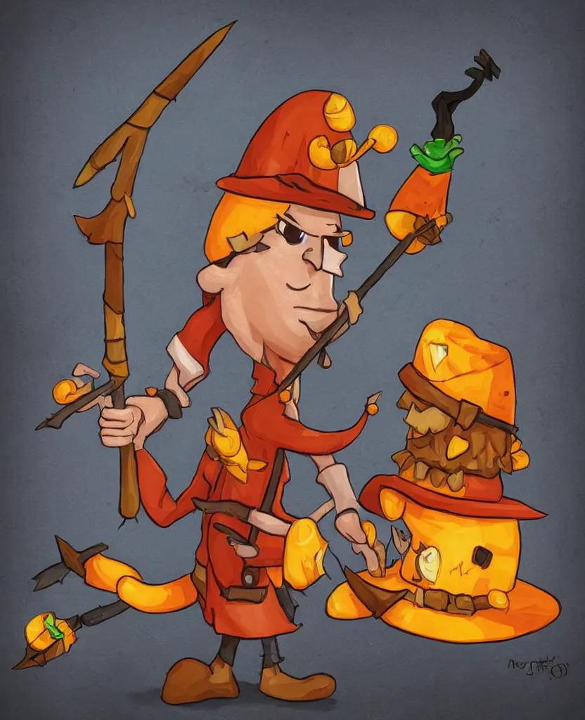 Prompt: a cartoon candy corn character holding a spear and wearing a hat, a character portrait by muggur, trending on deviantart, pop surrealism, 2 d game art, apocalypse art, by by joao artur da silva, tumblr contest winner, shock art