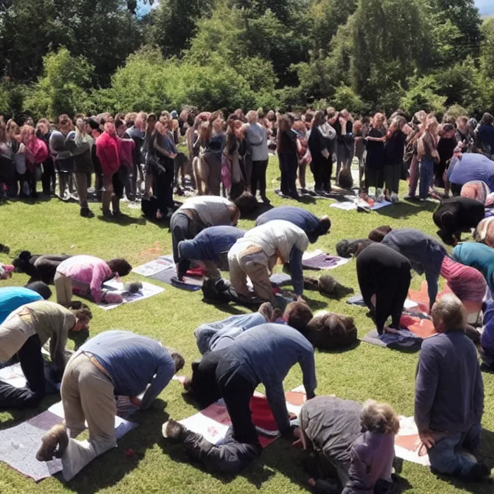 Prompt: humans praying to a giant cat god