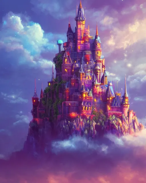 Image similar to flying cloud castle, buildings, baloons, atmosphere, glow, detailed, full of colour, cinematic lighting, trending on artstation, 4 k, hyperrealistic, extreme details, bright, blue sky, cloudy, fantasy, masterpiece, art by wylie beckert