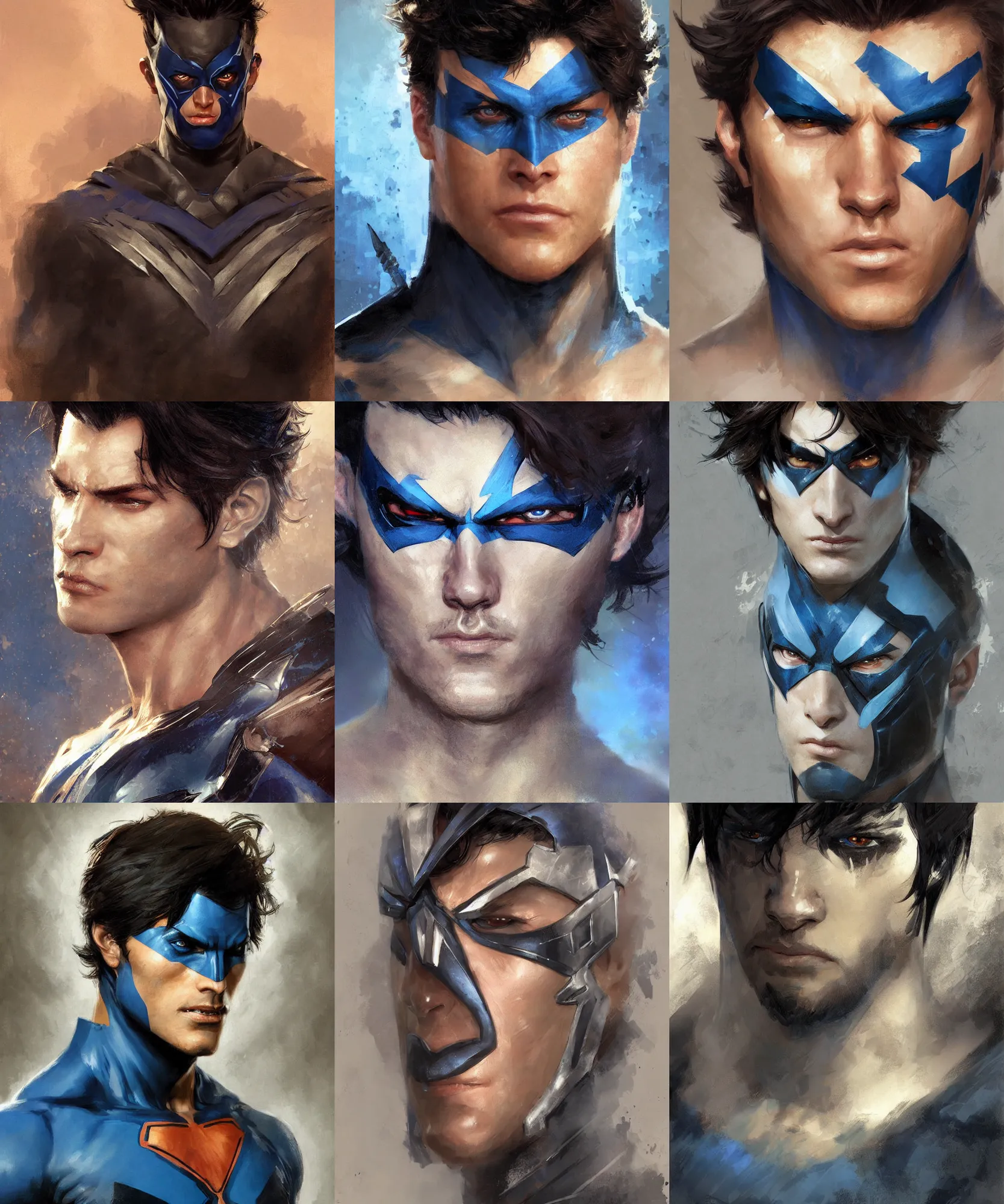 Prompt: digital art painting of a young man in nightwing costume portrait painted by craig mullins and gaston bussiere and greg rutkowski, masculine face, symmetrical face, defined facial features, symmetrical facial features, dramatic lighting