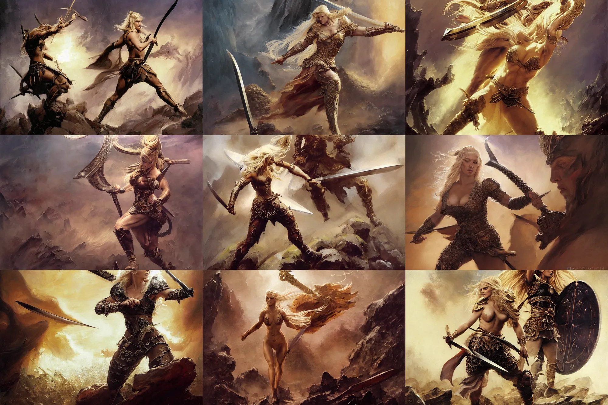 Prompt: An oil painting of a beautiful blonde viking woman running into battle with sword, dragon scale armor, aesthetic face, by Frank Frazetta, Greg Rutkowski, Boris Vallejo, Neal Hanson, Christian MacNevin, epic fantasy character art, goddess of war, goddess of anger, high fantasy, full length, exquisite detail, post-processing, low angle, masterpiece, cinematic, colossal dragon in background