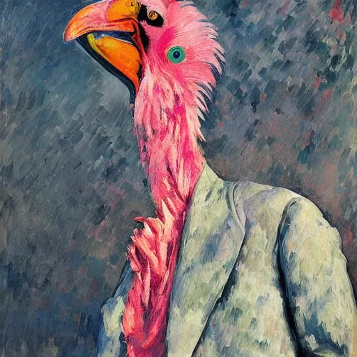 Image similar to shredded physique feathered tall neck beak Portrait of Samuel Beckett camouflaged as Flamingo whilst wearing a pink tuxedo Standing atop a Garbage Truck Greg Rutkowski Lucian Freud Paul Cezanne antonio donghi Jamie Wyeth