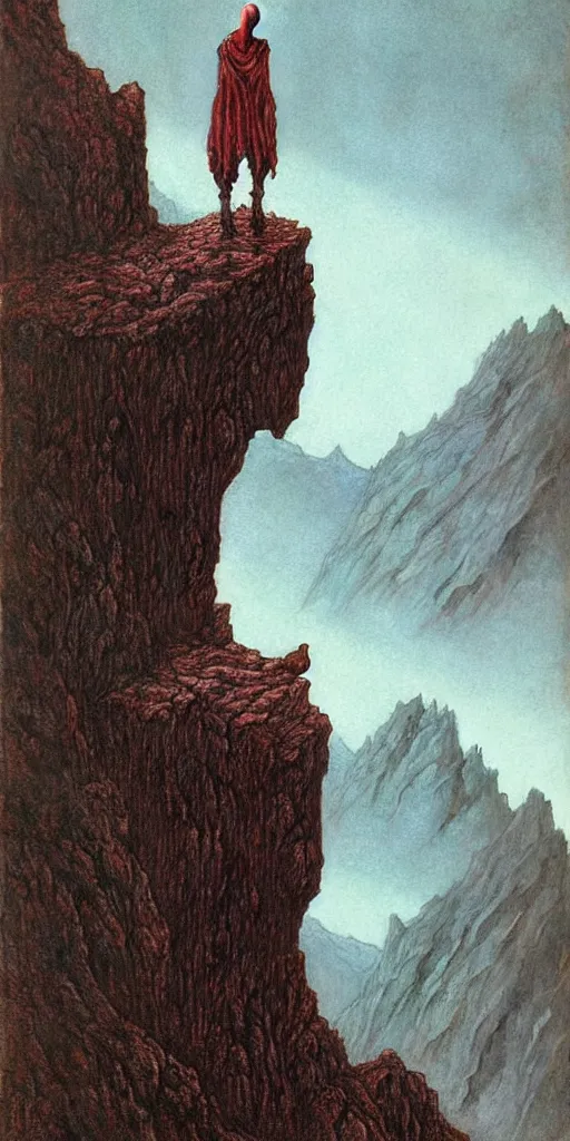 Image similar to A detailed lonley alien sock stands among the mountains. Wearing a ripped mantle, robe. Perfect face, extremely high details, realistic, fantasy art, solo, masterpiece, art by Zdzisław Beksiński, Arthur Rackham, Dariusz Zawadzki