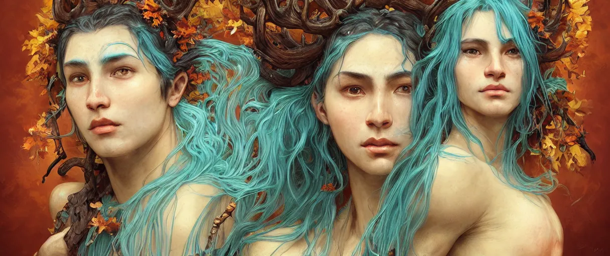 Image similar to beautiful digital painting of shaman with teal skin and antlers made of wood on his head, brown curly hair with orange oak leaves, D&D, fantasy, intricate, beautiful eyes, cinematic lighting, highly detailed, digital painting, Artstation, concept art, smooth, sharp focus, illustration, art by Artgerm and Greg Rutkowski, Alphonse Mucha and Rossdraws