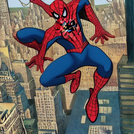 Image similar to spiderman swing on the new york, marvel illustration, by ghibli