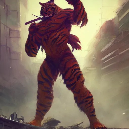 Image similar to shredded physique crisp defined Man Streetfighter Dude wearing Tiger Costume standing atop dumpster greg rutkowski greg danton tony sart raymond swanland chris foss chris cold christophe norman rockwell young acrylic 4k artstation wikiart wikipedia realism tilt-shift