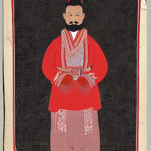 Prompt: A man is standing in front of a red curtain. He has his hands behind his back and his feet are spread apart. He is looking to the side. The man looks to be in his early twenties and has a mustache. The clothing he is wearing is traditional Han Dynasty clothing. The color of the clothing is red.