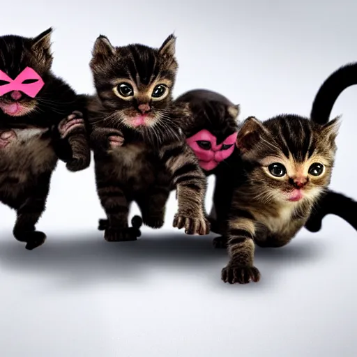 Prompt: a team of kitten superheroes fighting off a hoard of ninja monkeys, ultra realistic, cinematic, 8k, movie still