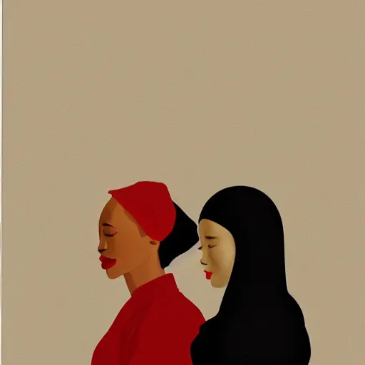 Image similar to Woman holding another woman, arm around her neck, she is Korean, the other black girl, both have red lips, wearing black veils, Edward Hopper and James Gilleard style