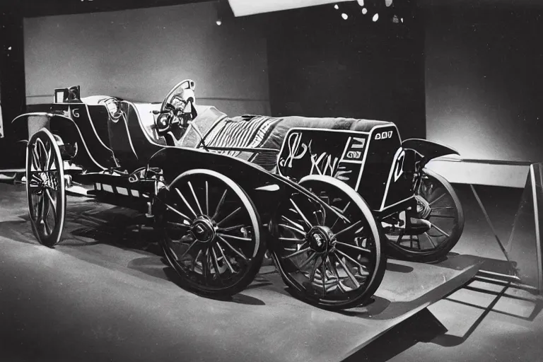 Image similar to cyberpunk 1 9 0 3 stanley steamer racecar, volumetric lighting, in a museum, museum exhibit, museum lighting, 9 0 s film photo