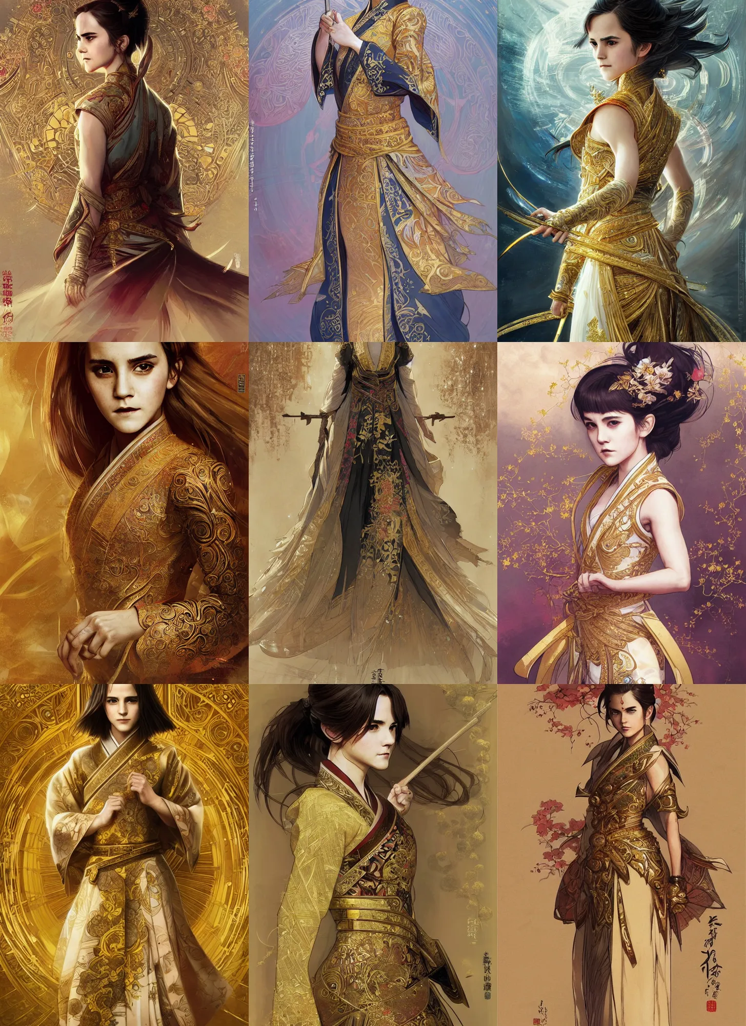 Prompt: asian emma watson wearing golden furisode, full body, symmetric, intricate, highly detailed, concept art, sharp focus, illustration, aleksi briclot, rutkowski, mucha