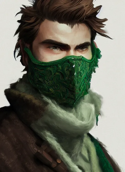 Prompt: a highly detailed illustration of young thick wavy messy haired guy wearing green face mask and brown noir coat, dramatic bored expression, intricate, elegant, highly detailed, centered, digital painting, artstation, concept art, smooth, sharp focus, league of legends concept art, wlop