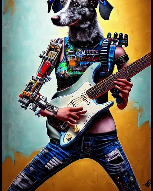 Prompt: a portrait of an anthropomorphic cyberpunk dog, shredding an electric guitar by sandra chevrier, by jon foster, detailed render, epic composition, cybernetics, 4 k realistic, fender stratocaster, cryengine, realistic shaded lighting, sharp focus, masterpiece, by enki bilal