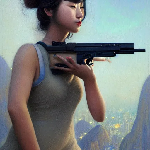 Prompt: a ultradetailed beautiful painting of a girl holding a gun on rio de janeiro by cheng hsiao - ron, ngai victo, jean delville by wlop and dougherty patrick, trending on artstation, sci fi, futurism, post capitalism, octane rendering, sharp focus