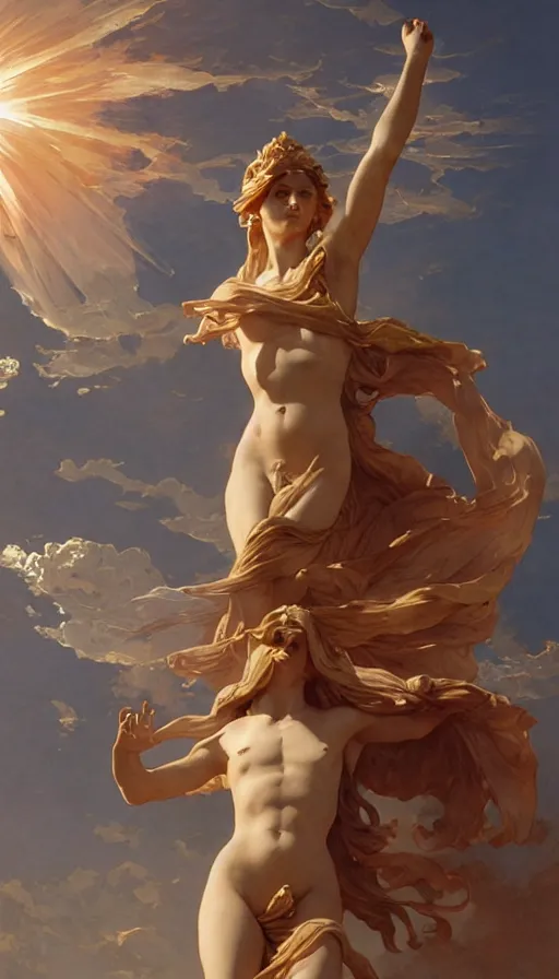 Prompt: statue of the goddess of the sun helios descending from olympus, artstation, concept art, smooth, sharp focus, illustration, art by artgerm and greg rutkowski and alphonse mucha and william adolphe bouguereau and john william waterhouse