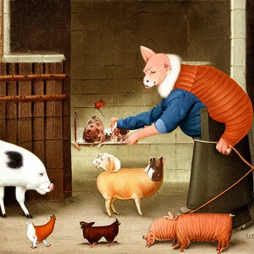 Image similar to butcher feeding a cat, while being watched by a pig, a sheep, a chicken and a cow