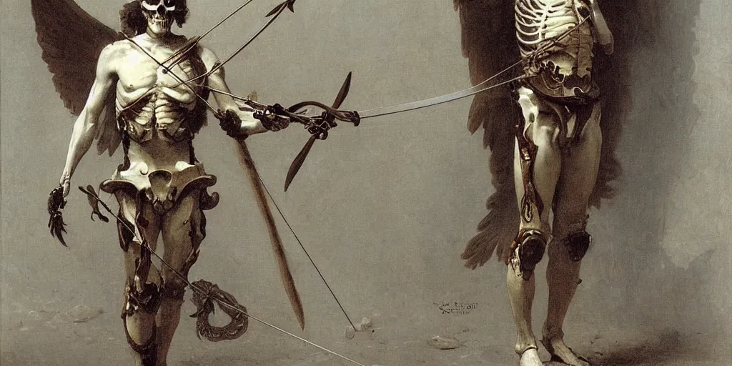 Image similar to portrait of a skeleton archer with big sword, wearing helmets and armor with wings, symmetrical, solemn, sacred, aura, by bouguereau