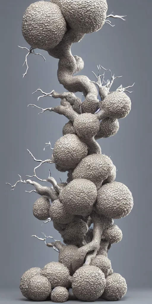 Image similar to 3 d photographic render of a hericium sculpture, chrometype, made of liquid metal, neotribal with thorns and thunders, raytracing, hyper realistic, volumetric lightning, 8 k, by zhelong xu and ouchh studio